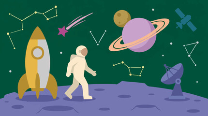 Space Exploration Illustration with Astronaut, Rocket, Planets, and Constellations © ColorAsia