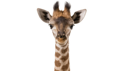 Obraz premium Young giraffe head with ossicones and patterned fur, isolated on transparent background