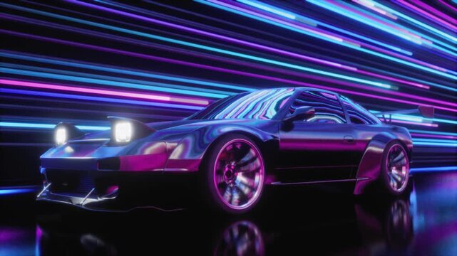 A car speeds through a tunnel of neon lights reflecting on metal, 90s style, looped video, 3D rendering