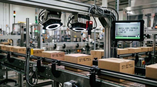 Medium shot showcasing optical character recognition process using AI vision cameras verifying printed codes on packaging in real time for accurate data capture.