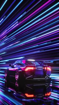 A car speeds through a tunnel of neon lights reflecting on metal, 90s style, looped video, 3D rendering