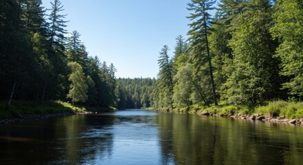Obraz premium Serene river flows between lush green trees under a clear blue sky