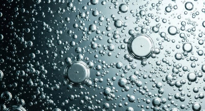 Abstract macro shot showing numerous bubbles in a blue-grey liquid