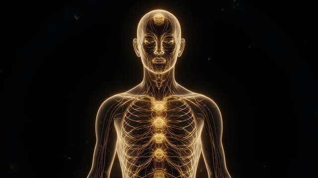 Translucent Human Silhouette with Golden Energy Flow and Chakra Aura Visualization in 4K