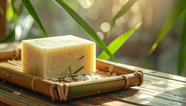 Natural soap bar on bamboo tray