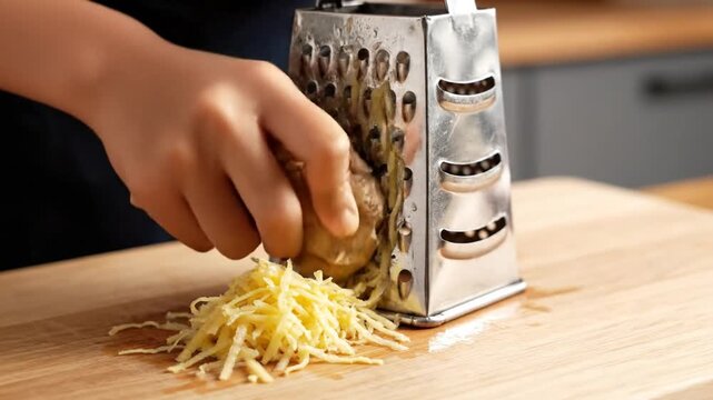 Close up of hand grating ginger root on a wooden cutting board