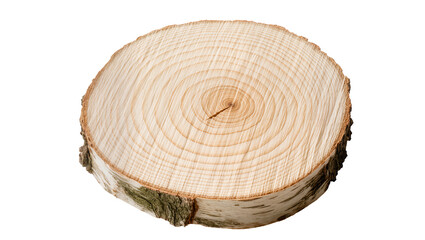 Birch tree trunk cross-section with visible growth rings and bark, isolated on transparent background © Corotaev