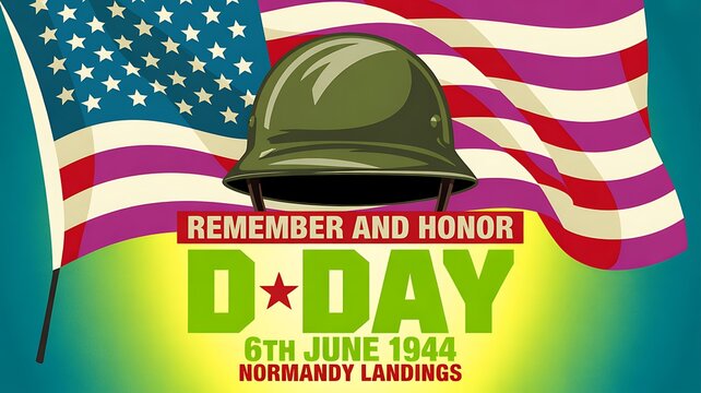 Remembrance and honor for d-day june 6th 1944 normandy landings with military helmet and american flag backdrop