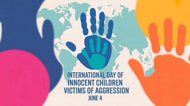 International day of innocent children victims of aggression banner with colorful handprints and a world map