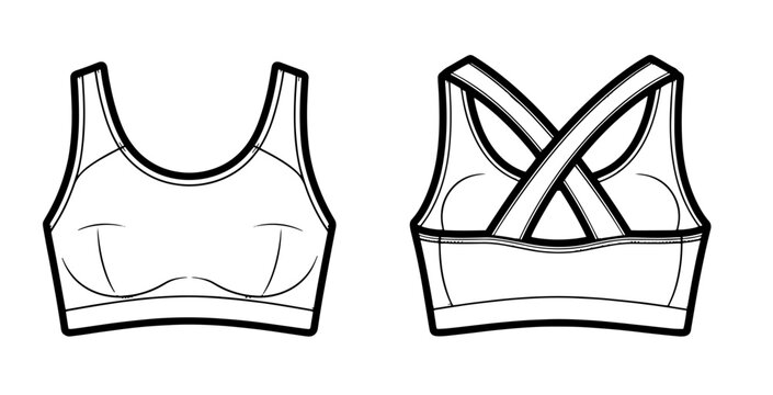 Women's sports bra line art with cross-back design, front and back fashion sketch.