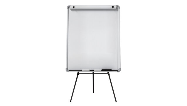 Empty flip chart easel with markers and eraser, isolated on transparent background