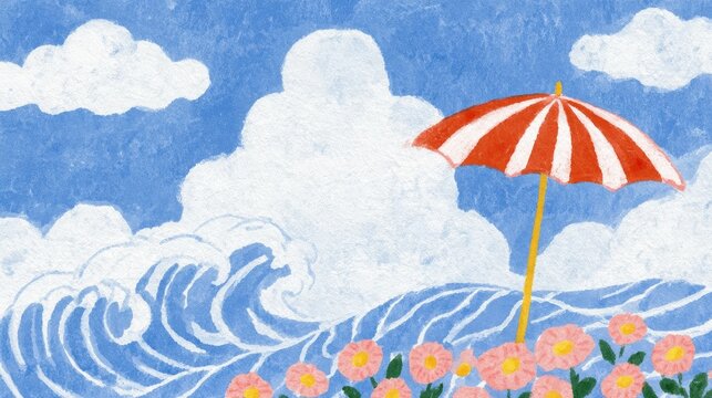 Expanding Horizon summer vacation scene with blooming flowers, ocean waves, and a classic beach umbrella under a blue sky, perfect for relaxation and new beginnings.