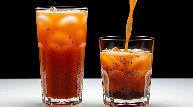 Two glasses of iced tea with boba are on a table with one glass being poured with Video animation of orange liquid.