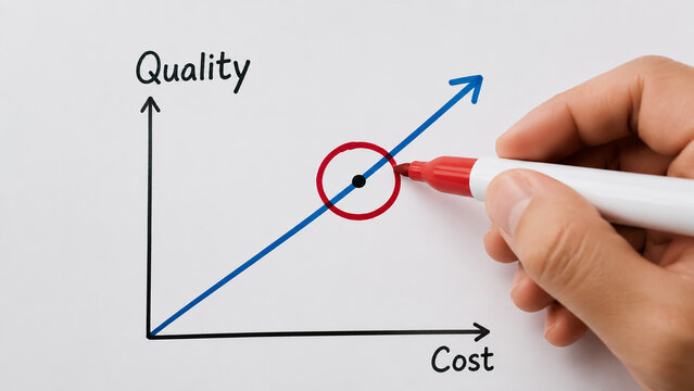 A hand drawing a business graph showing the direct relationship between quality and cost.