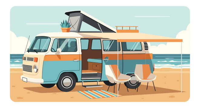 colorful illustration of vintage camper van on beach with chairs and awning