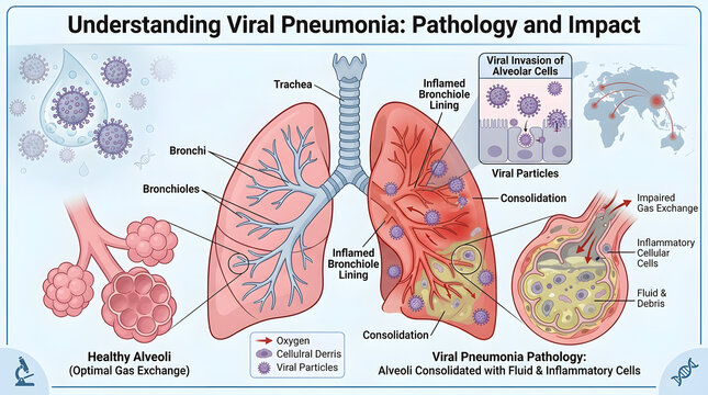 Understanding Viral Pneumonia: Pathology and Impact: A detailed illustration outlining the pathology and impact of viral pneumonia, showcasing the affected human lung anatomy.
