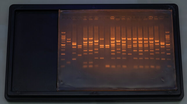 DNA agarose gel electrophoresis slab with glowing orange bands under ultraviolet light forensic genetics science laboratory overhead macro.