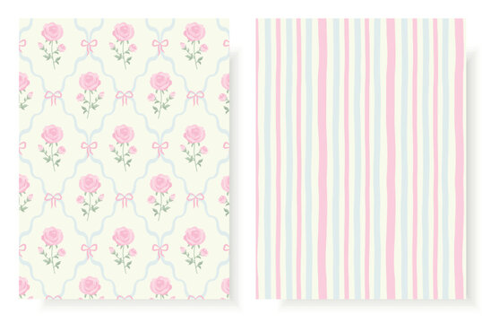 Set of two seamless shabby chic patterns with pink roses, ribbon bows, blue ogee trellis and coordinating vertical stripes on ivory background. Romantic coquette design for fabric, wallpaper.