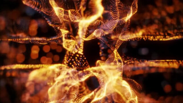 High-resolution cgi video of intricate, evolving warm digital particle streams (amber, orange, deep red, blue, purple) against a deep black background, forming swirling energy patterns, converging