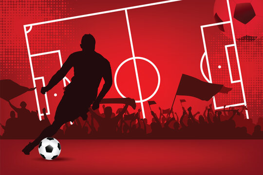 Dynamic football player silhouette with cheering crowd and soccer field background in red tones, perfect for sports event, championship, fan support and tournament themes.