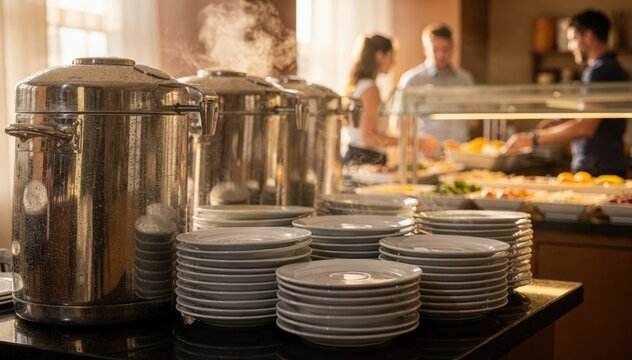 Breakfast buffet station with focus on steaming coffee urns and stacks of plates softly blurred background of people selecting food from sneezeguarded counters.