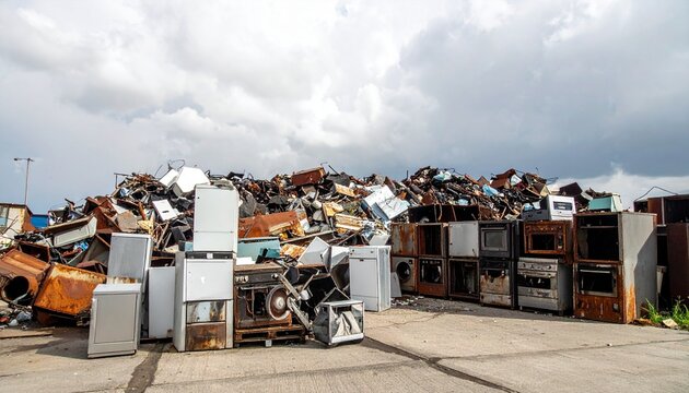 Discarded appliances pile symbolizing recycling, waste management, sustainability