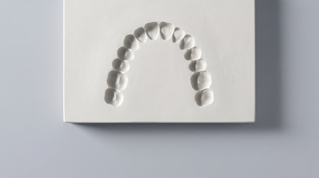 White dental stone bite mark cast showing curved tooth impression pattern forensic odontology evidence overhead macro photography grey background.