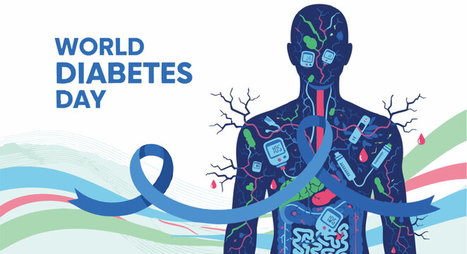 Human anatomy silhouette showing internal organs and medical devices with blue awareness ribbon on white background vector illustration for World Diabetes Day campaign banner