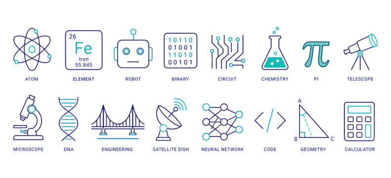 STEM education line icon set with atom element robot binary circuit microscope dna bridge satellite network chemistry flask pi geometry telescope and calculator, ideal for science technology engineeri