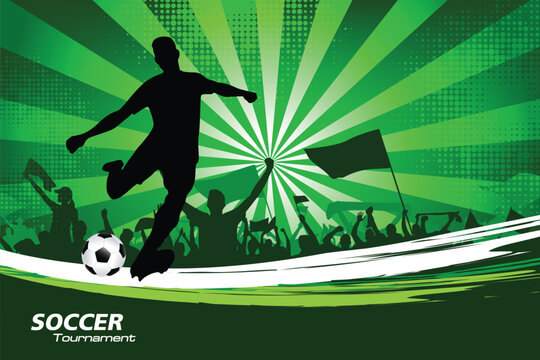 Dynamic soccer player silhouette kicking ball with cheering fans and green stadium background, energetic football championship poster design illustration.