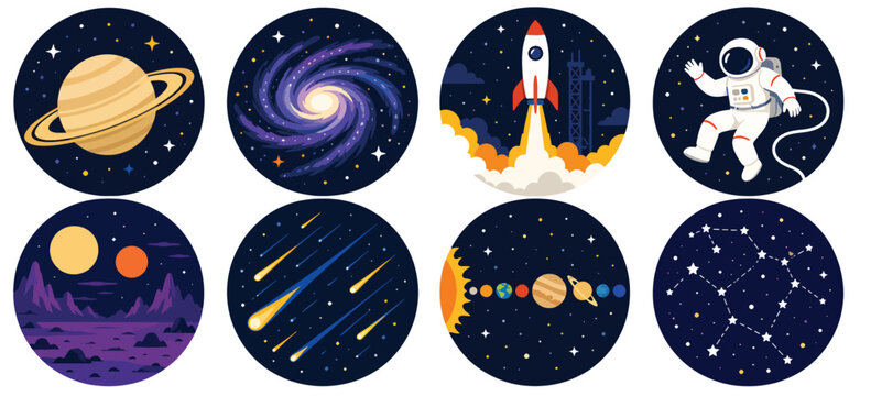 Cute outer space badge set featuring planets swirling galaxy rocket launch astronaut meteor shower alien landscape solar system eclipse and star constellations, playful cosmic stickers for kids scienc