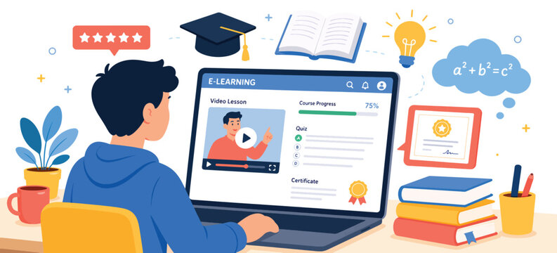 Kid studying at home with laptop and elearning dashboard, online course videos certificates books and study icons around, modern education technology illustration for virtual classroom remote schoolin
