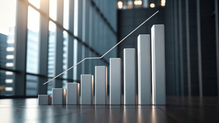 Obraz premium A 3D bar graph showing increasing growth, placed in a modern office space with sunlight filtering through large windows.