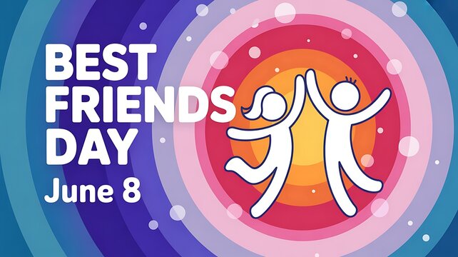 Best friends day celebration graphic for june 8 with silhouettes of two people jumping on a colorful background