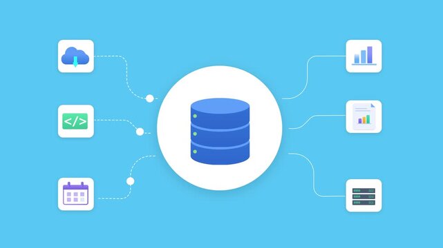 Animated illustration of a connected cloud database system with analytics, coding, and scheduling icons, suitable for technology and data management concepts.
