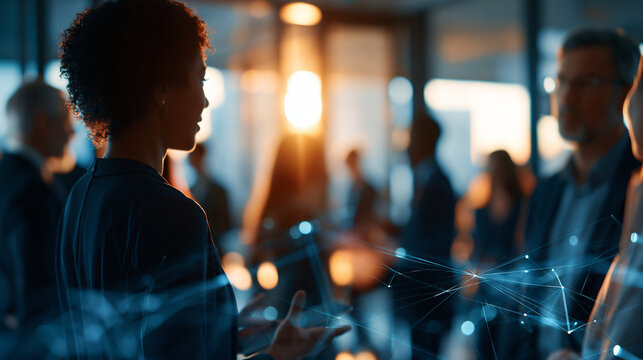 Cinematic wide view of softly silhouetted business figures gathered around a bright softly defocused modern office space with a soft glowing digital network overlay faceless