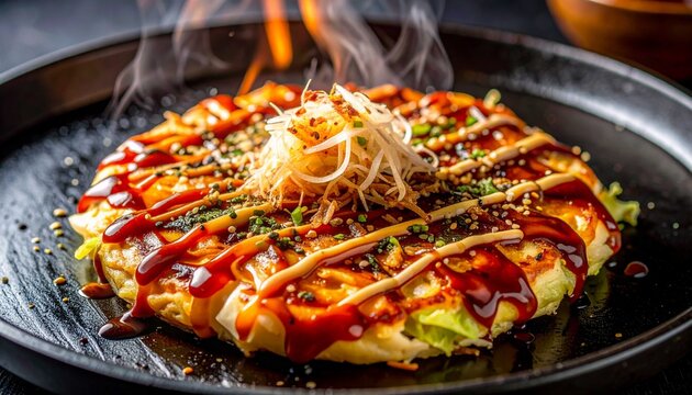 Enjoy authentic Japanese delights with premium Okonomiyaki served hot and appetizing. These savory pancakes are made with soft dough containing sliced ​​fresh cabbage, covered with okon saucet
