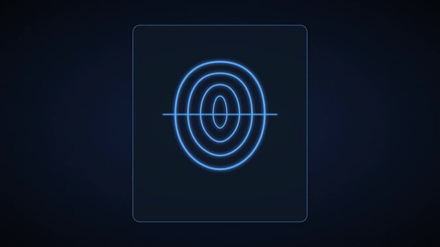 Neon blue fingerprint scan icon on dark digital background