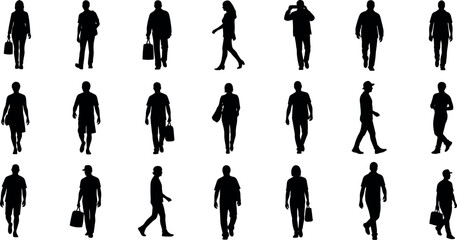 Fototapeta premium Collection of twenty walking silhouettes featuring diverse pedestrian postures, carrying bags and purses, illustrating urban lifestyle, human motion, and design