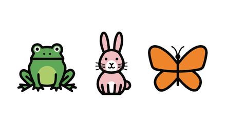 Fototapeta premium Set of cute cartoon animal icons featuring a frog, rabbit, and butterfly