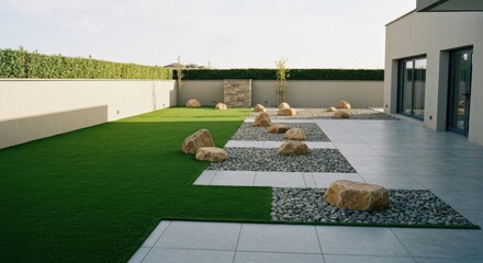Obraz premium Modern outdoor zen garden with grass, rocks, stones, and a tiled patio