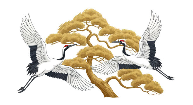 Two red crowned cranes flying near a Japanese pine tree