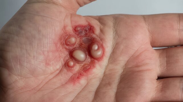 Close Up of Burn Blisters on Hand Skin