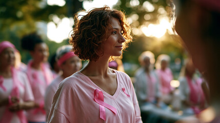 Obraz premium Cinematic wide view of softly silhouetted figures wearing soft pink shirts with pink ribbons gathered outdoors in a bright softly defocused sunny park awareness gathering