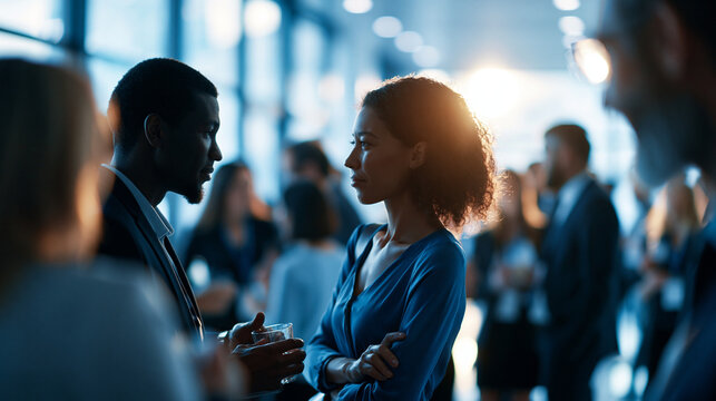 Cinematic wide view of softly silhouetted business figures networking and engaging in conversations at a bright softly defocused corporate event professional networking faceless