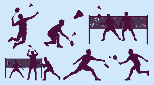 Dynamic Badminton Players Silhouettes Vector Illustration Set
