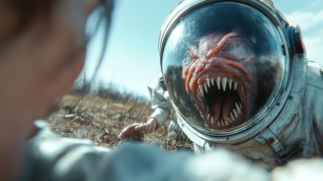 A terrifying alien creature with sharp teeth stares at the camera through an astronaut's helmet, creating a suspenseful moment that blends sci-fi and horror elements.