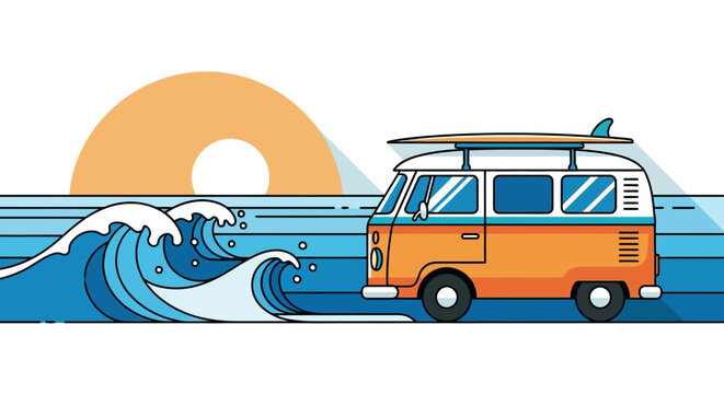 Vintage orange van with surfboard riding ocean wave sunset illustration