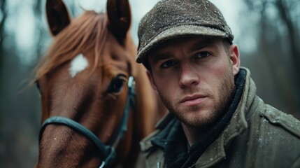 Obraz premium A striking portrait of a man and his horse in a snowy, forested landscape, reflecting the bond between humans and animals amidst the serene winter atmosphere.
