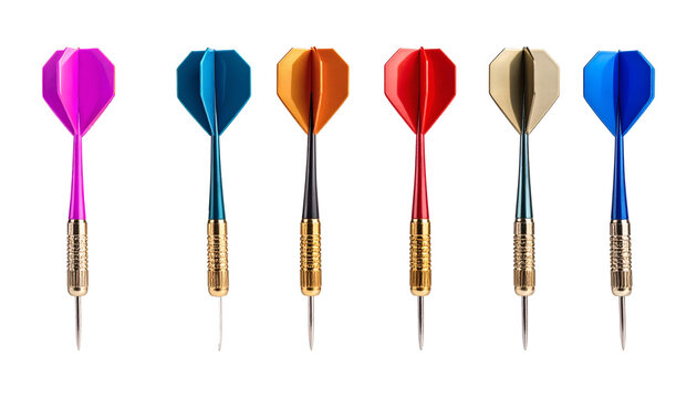 Six colorful professional steel tip darts featuring vibrant flights and golden knurled barrels shown standing upright&nbsp;